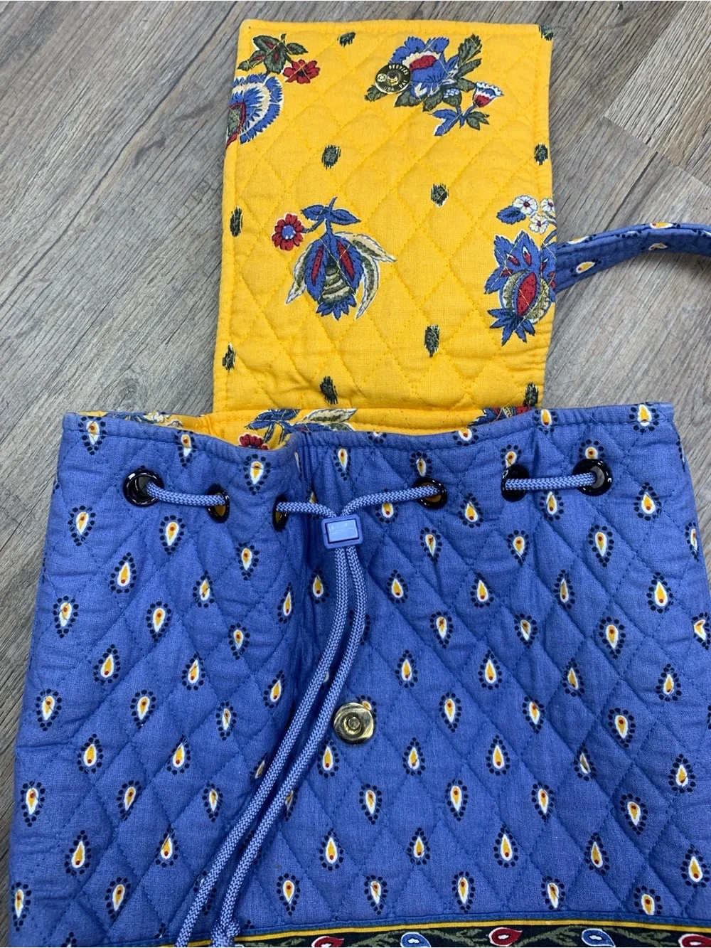 Vera Bradley Blue Quilted Drawstring Backpack with Red Floral Border